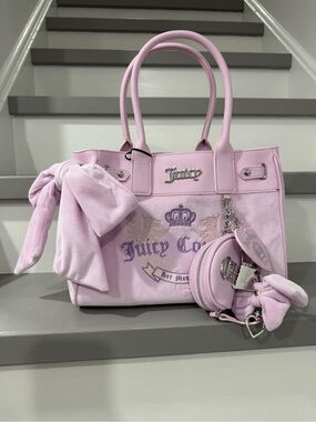 Juicy Couture Light Pink Velvet Tote with Bow & Charm Pouch